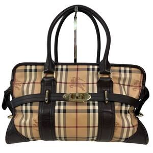 Burberry Haymarket Nova Check Satchel Brown Leather Trim Turnlock Bag Vintage